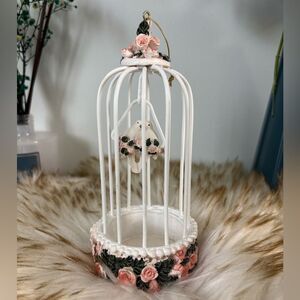 Shabby Chick White Pink Floral Cage That Hangs with 2 Lovebirds